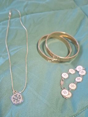 Tory Burch Gold-Tone Logo Bracelet Set with Logo Pendant Necklace
